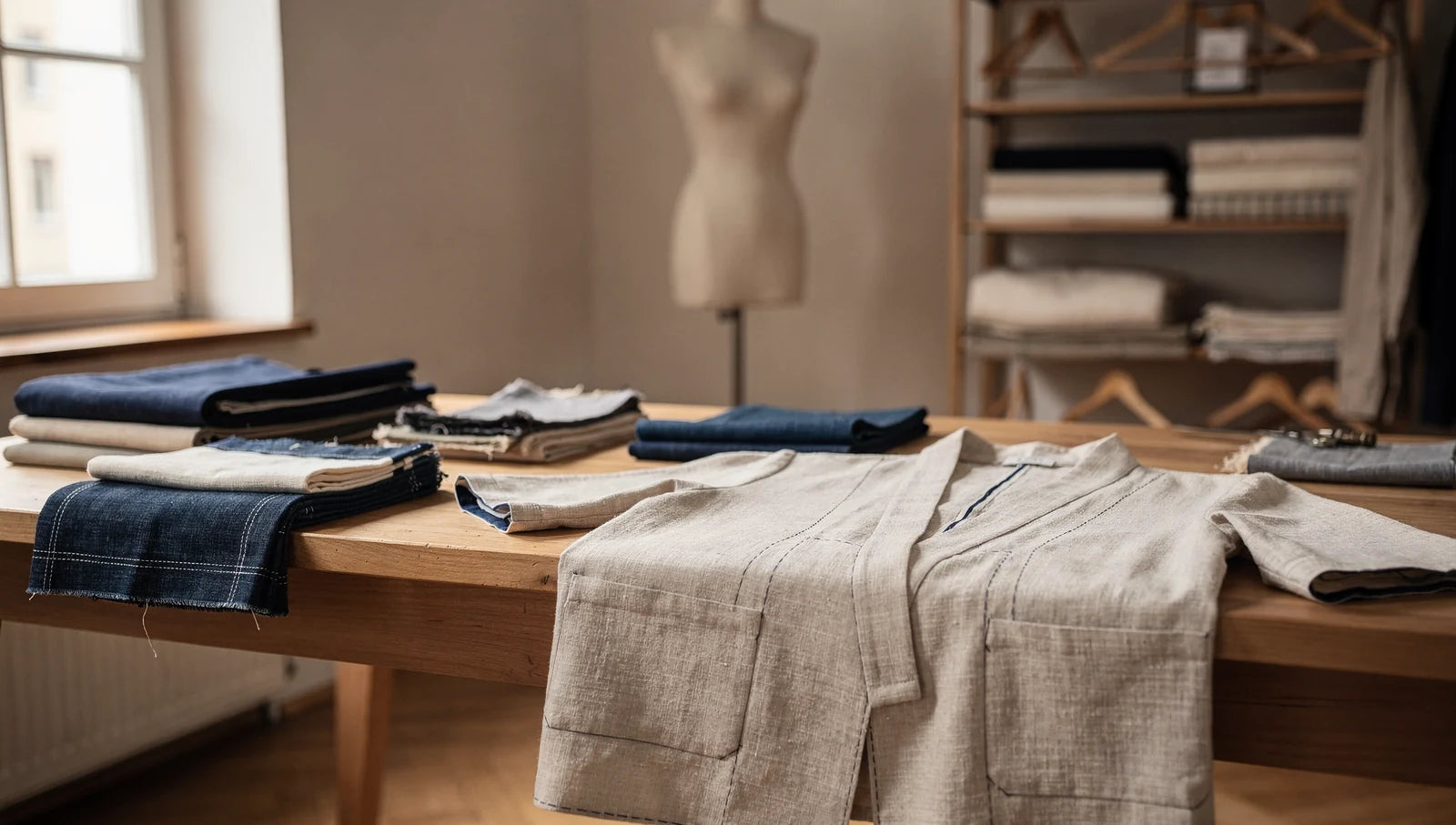 Japanisch inspirierte Bluse und Indigo-Stoffe auf einem Arbeitstisch im Berliner SUSUMU AI Atelier